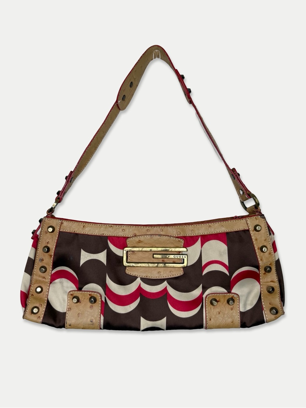 GUESS Y2K Shoulder Bag Brown Red Mod Geometric Print Studded Ostrich Embossed